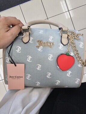 Juicy Couture Light Blue Shoulder Bag with Red Apple Charm and Gold Chain - Y2K